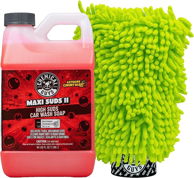 Chemical Guys Maxi Suds II Cherry Scent Car Wash Soap and Chenille Microfiber Wash Mitt Bundle, High Foam Shampoo for Foam Cannons, Guns, and Buckets, Safe for All Paint - 64 Fl Oz