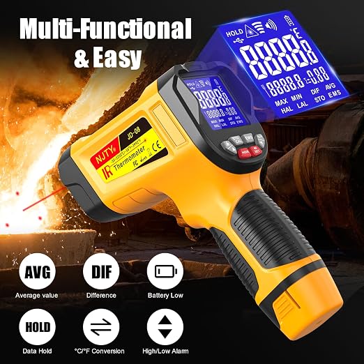NJTY Infrared Thermometer Gun, -58℉ to 3992℉, High Temp Laser Thermometer with Adjustable Emissivity, Non-Contact Digital IR Pyrometer for Furnace, Kiln, Metal, Industrial Use