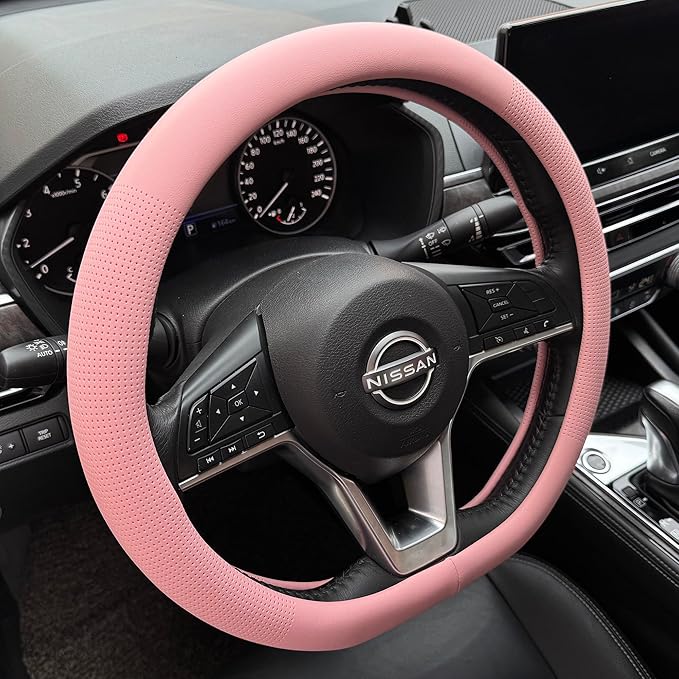 PINCTROT D Shaped Nappa Leather Steering Wheel Cover, Slim Fit No Bulk Design, One Piece Leather with Breathable Perforation, Fit Like Gloves, Flat Bottom 14.5-15 Inch(Nappa Pink)