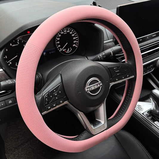 PINCTROT D Shaped Nappa Leather Steering Wheel Cover, Slim Fit No Bulk Design, One Piece Leather with Breathable Perforation, Fit Like Gloves, Flat Bottom 14.5-15 Inch(Nappa Pink)