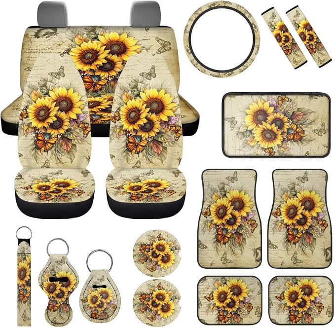 Butterfly Car Accessories Set Full Sets of 17 Pack Sunflower Car Seat Covers Full Sets with Front and Split Rear Bench Heavy Duty Floor Mats Seat Belt Shoulder Pad Steering Wheel Covers