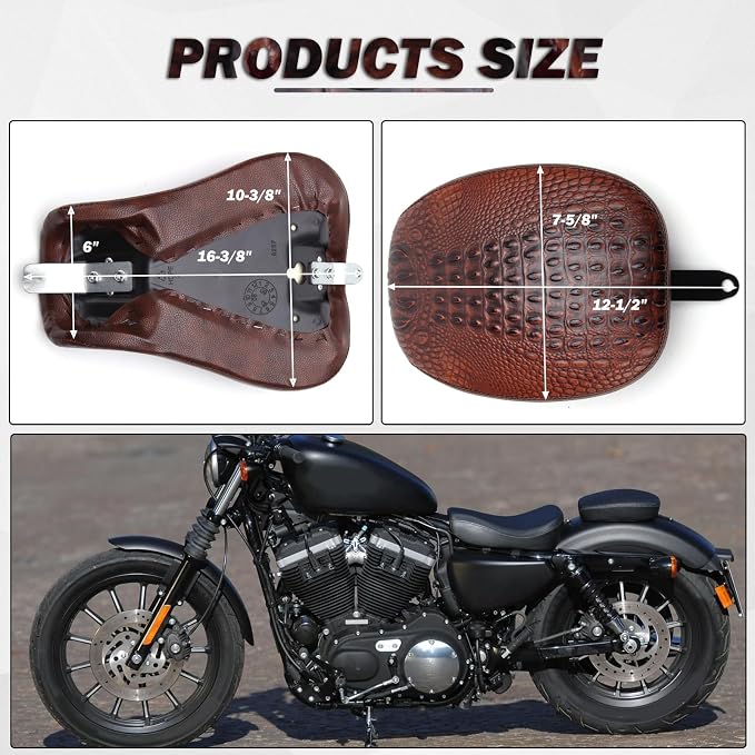 Motorcycle Brown Crocodile Front Driver Solo Seat+Rear Passenger Pillion Pad Compatible with Sportster 48 72 Iron 883 XL883 Forty Eight XL1200 Seventy Two 1200