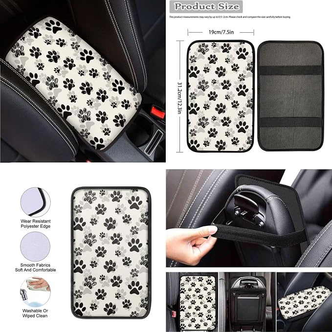 Dog Paw Print Car Seat Covers Full Set with Car Steering Wheel Cover Auto Center Console Pad Cover Seat Belt Pads 8 Pcs Automotive Interior Accessories Set for Women