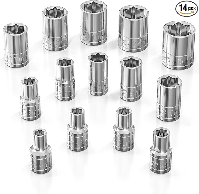 Olsa Tools Metric Shallow Socket Set - 1/4-Inch Drive, 14pc - 6-Point Chrome Sockets from 4mm–15mm and No Skipped Sizes - Mechanic Shallow Metric Socket Set - Professional Grade Sockets - Part: 1328