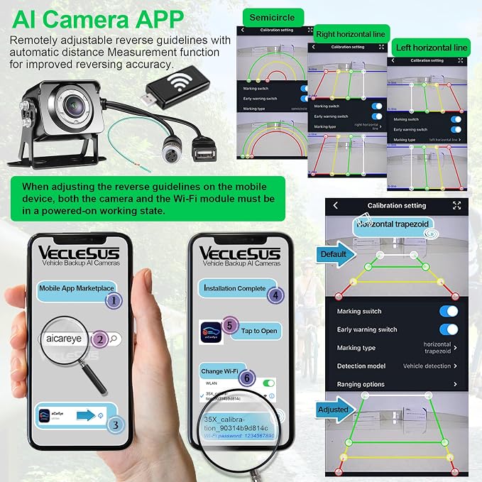 Vehicle Backup AI Camera VECLESUS VC6 HD1080P AI Camera with WiFi Automatic Detection of Pedestrians and Vehicles,Automatic Distance,AI Night Vision(Sufficient Lighting),Waterproof for Vehicle