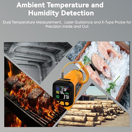 50:1 Infrared Thermometer Gun，-58°F to 2732°F，with K-Type Probe | 932°F K-Type Probe Included，Humidity & Ambient Condition Monitoring，Industrial HVAC & Equipment Diagnostics