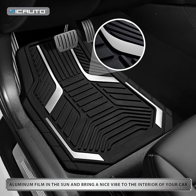 PIC AUTO Heavy Duty Rubber Floor Mats, Silver Aluminum Film Car Mats Set, Front and Rear Car Mats with Anti-Slip Backing, All Weather Protection, Trim-to-Fit for Automotive SUV, Sedan, Van