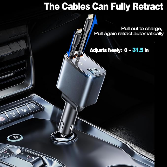 Retractable Car Charger USB C, 4 in 1 Retractable Car Charger with Cables, PD 69W USB C Adapter, Fast Cigarette Lighter Adapter Car Phone Charging for iPhone 15/14 Pro Max,Androids