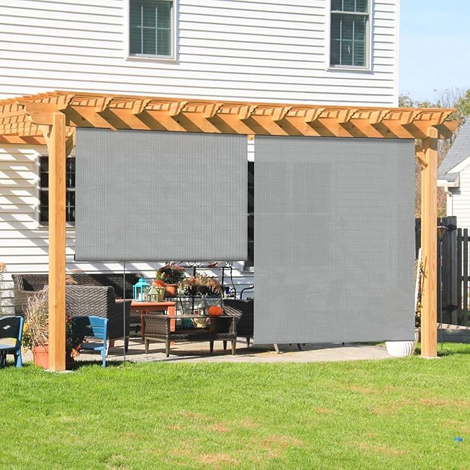 Coarbor Outdoor Roll up Shades Blinds for Porch Patio Shade E x terior Roller Window Shade Privacy Shade Screen for Deck Pergola Gazebo 5'W x 13.5'L Light Grey