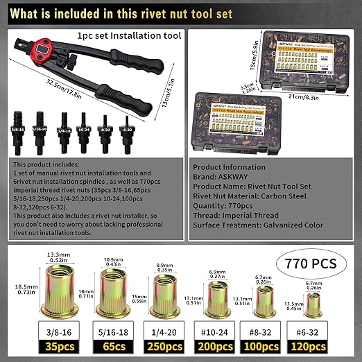 ASE Pressure Rivet Nut Tool Kit, 770PCS (3/8-16,5/16-18,1/4,10-24,8-32,6-32) Imperial Rivet Nut, Suitable for Furniture, Decoration, Automotive, Marine and Industrial Applications