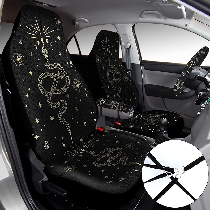 Riakrum 15 Pcs Boho Celestial Snake Seat Covers Full Set Thick Car Front and Back Steering Wheel Cover Seatbelt Strap Armrest Pads Cup Mat Wrist Strap Key Chains for Auto Truck