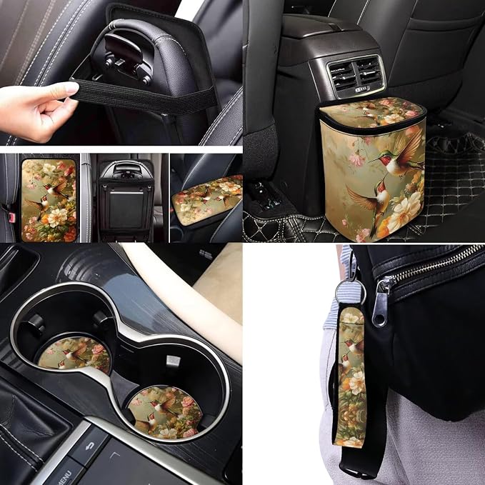 Hummingbird Flower Car Seat Covers Full Set 17 Pack for Women Car Accessories Set with Auto Head Rest Covers,Trash Can Bin for Back Seat Leak Proof,Seat Belt Cover Pad,Cup Coasters