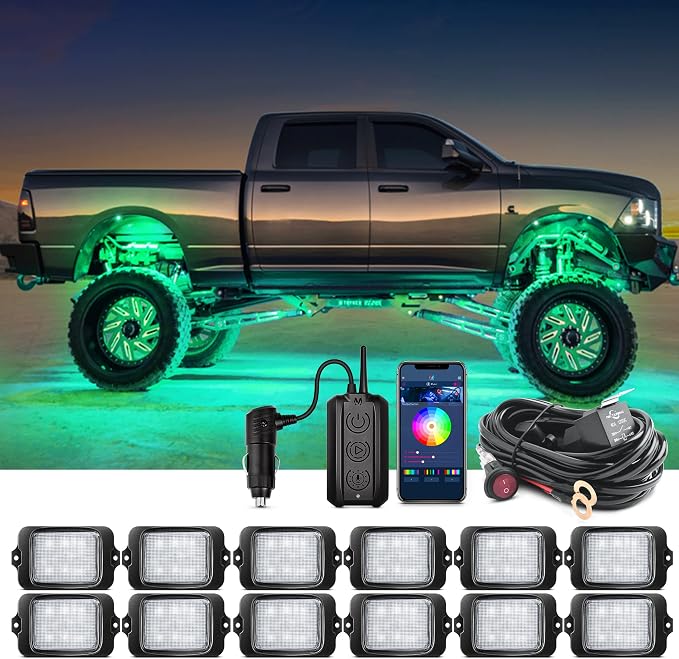 MICTUNING C3 RGBW Rock Lights 12 Pods with Wiring Switch Kit | Expandable to 32 pods, MagicLink APP Control, 160° Wide Beam, IP68 Waterproof Multi-Color Neon Underglow Lights