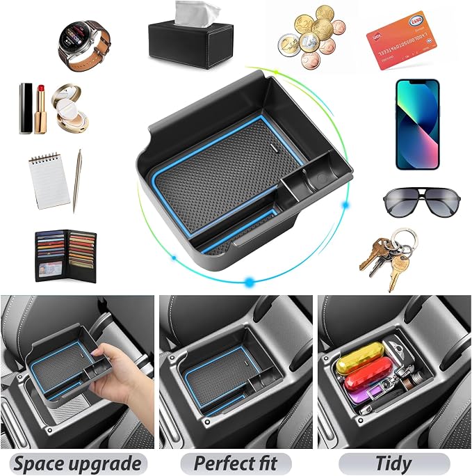SKTU for 2025 2026 VW Golf Accessories Center Console Organizer for 2025 2026 Volkswagen Golf Console Tray 2025 2026 Golf ABS Durable Console Organizer with Coin Holder (Blue)