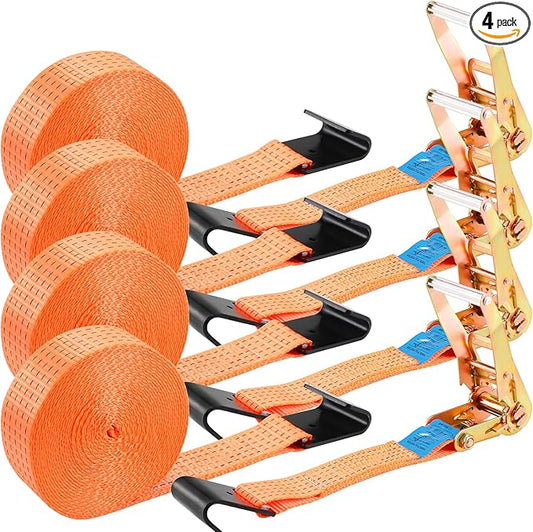TLGREEN 4 Pack 2 in x 27 FT Flat Hook Ratchet Straps (11,000 lbs Break Strength), Heavy Duty Tie Down Straps for Trucks (Orange)