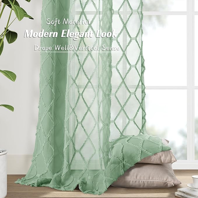 Aqua Green Sheer Curtains 96 Inches Long for Living Room 2 Panels Airy Privacy Soft Textured Diamond Patterned Drapes for Sliding Glass Door Back Tab Modern Vintage Rustic Curtain for Bedroom 52x96