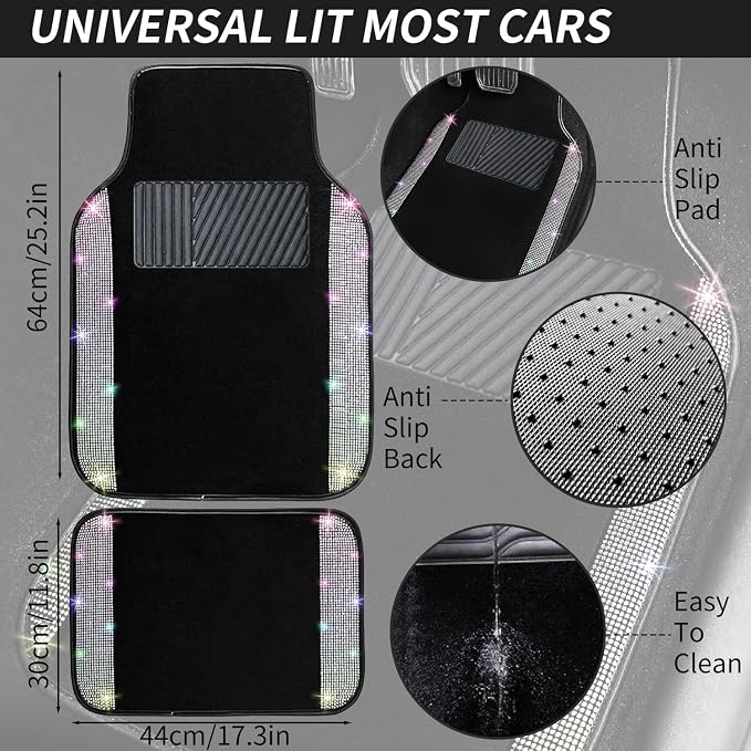 NBTEPEM 12 Pcs Bling Car Accessories Set for Women Car Floor Mats Full Set Steering Wheel Cover Seat Belt Covers Coasters Universal Fit Car SUV Truck Van Multicolor