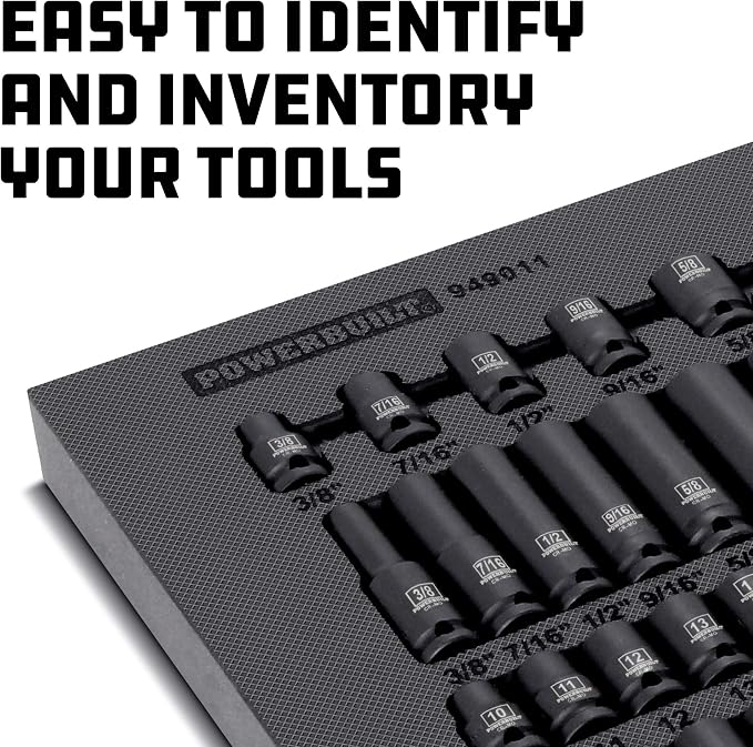 Powerbuilt 40 Piece Impact Socket Set, 3/8 Inch Drive, 6 Point Z-Drive, SAE and Metric Sockets, Tool Organizer Tray, Pro Tech Series Black 949011
