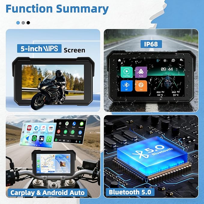 GPS CarPlay 5" IPS Motorcycle CarPlay Screen for Motorcycle with A-pple Wireless CarPlay & Android Auto, IP68 Waterproof, Supports Bluetooth,Navigation,S-IRI/G-oogle Assistant, Vioce Control, Bracket