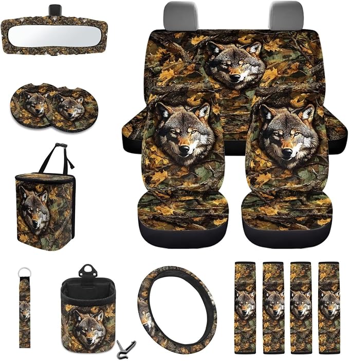 Wolf Hunting Camo Print 15 Pieces Car Accessories, Car Seat Cover Steering Wheel Cushion, Seat Belt Pad Trash Can Air Vent Storage Bag Cup Coasters Rearview Mirror Cover Keychain