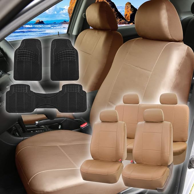 FH Group PU001114 + F11306 PU Leather Seat Covers (Beige) Full Set – Universal Fit for Cars Trucks & SUVs