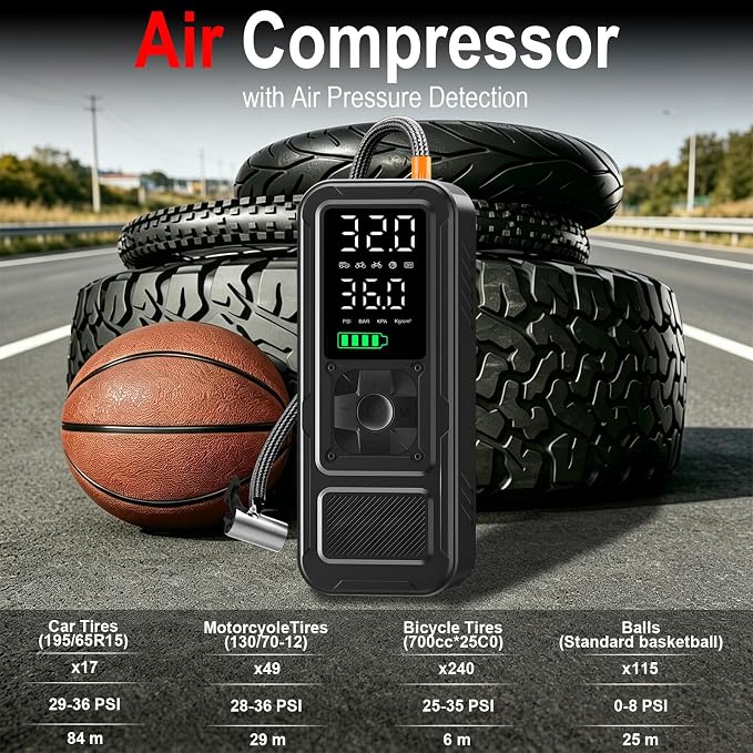1000A Portable Car Jump Starter with Air Compressor, 150PSI Smart Tire Inflator for Cars, Trucks & SUVs, 12V Battery Booster with LCD, USB-C Fast Charging, LED Emergency Light &