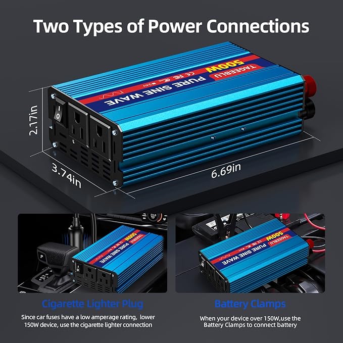 500W Pure Sine Wave Power Inverter DC 24V to 110V AC Converter with LCD Display, Battery Clamps & Cigarette Lighter Plug, Car Inverter with Dual AC Outlets for Vehicles RV Truck Camping Laptop CPAP