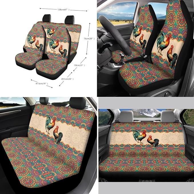 Xoenoiee Chicken Boho Mandala Print 11 Pieces Car Seat Covers Interior Accessories Set Universal Fit with Steering Wheel Cover, Seat Belt Pads, Keychain, Cup Coasters