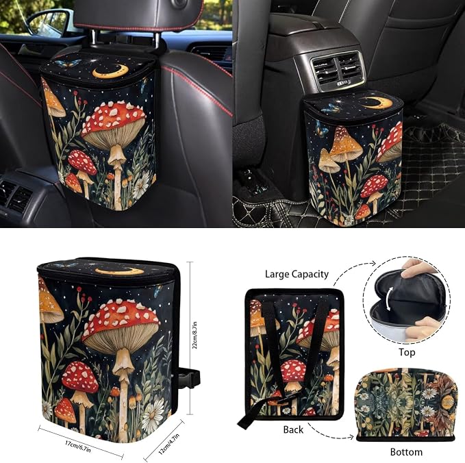 15 Pcs Moon Mushroom Butterfly Auto Interior Accessories Car Seat Covers with Auto Steering Wheel Cover Seat Belt Covers Car Trash Can View Mirror Cover Coaster Keychains
