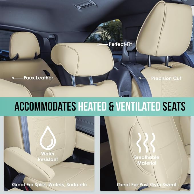FH Group Custom Fit Car Seat Covers Specifically Made for 2021-2024 Toyota Sienna 8 Seater, Faux Leather Automotive Seat Covers - 2nd Row Solid Beige