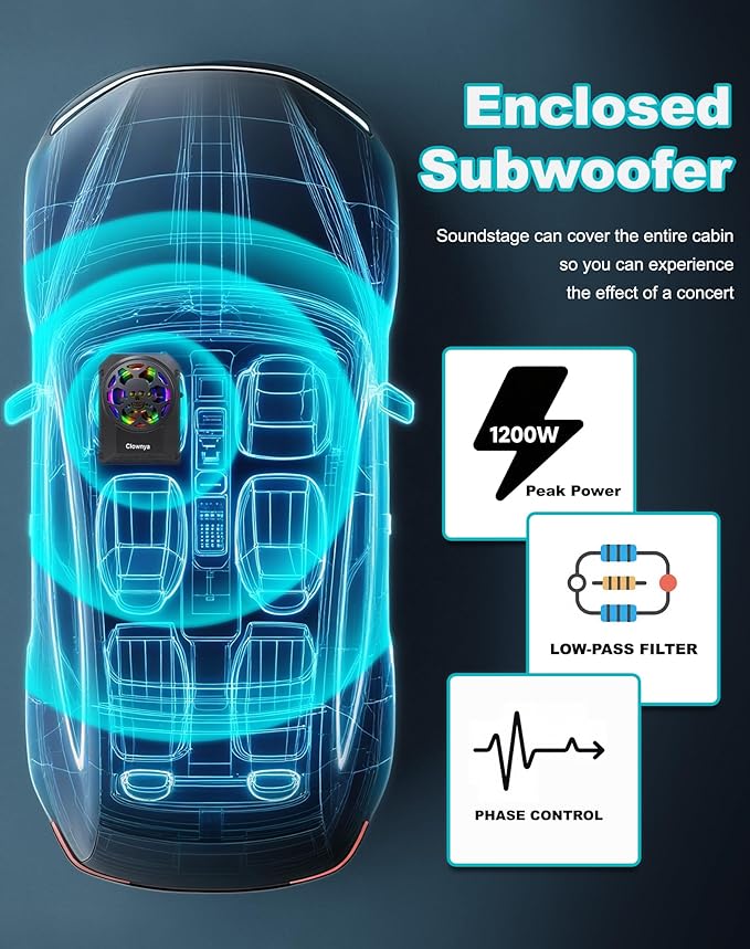 10-Inch Slim Car Subwoofer, 1200W Underseat with LED Ambient Light, Individual Control for Low Pass/Gain/Boost Bass, Loud Stereo Sound, Deep Bass Perfect for Truck/SUV/Jeep/MPV (Colorful)