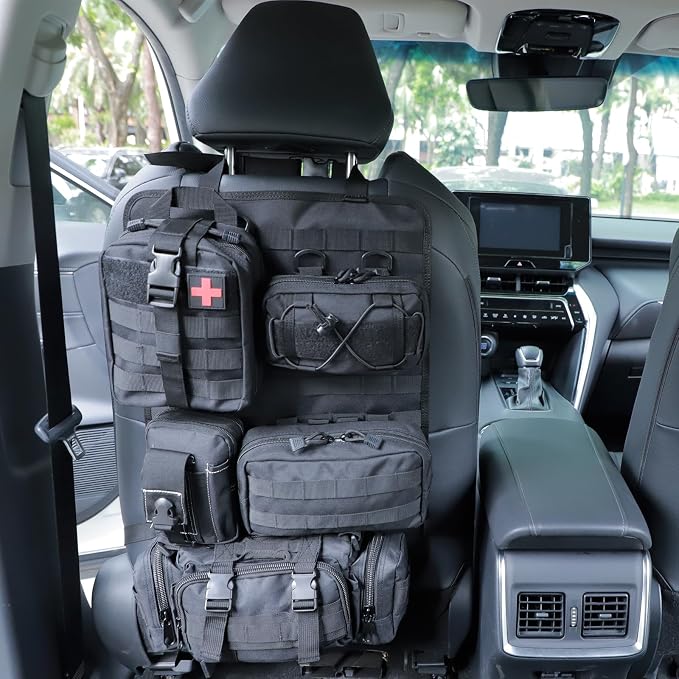 truck seat organizer and storage tactical car back seat back organizer with a Molle Vehicle Panel and 5 Different Size Molle Pouches for most models such as Jeep,SUV,Pickup (Black)