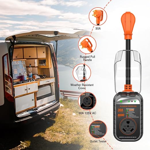 GEARGO RV Surge Protectors 30 Amp RV Circuit Analyzer, [𝟐𝟎𝟐𝟔 𝐍𝐞𝐰 𝐔𝐩𝐠𝐫𝐚𝐝𝐞𝐝 & 𝐆𝐞𝐧𝟐] Full Protection, RV Adapter Plug for Camper(Orange)