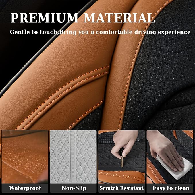Coverado Seat Covers Full Set, 5 Seats Car Seat Cover, Front and Back Seat Covers for Cars, Breathable Faux Leather Car Seat Cushion, Car Seat Protector Universal Fit for Most Cars Vans, Brown