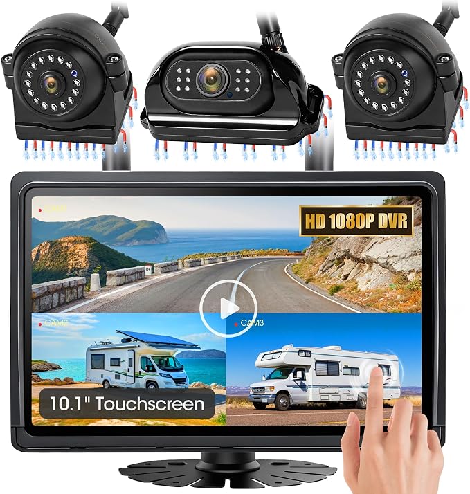 10.1" - 3 Magnetic Wireless RV Backup Camera System, 1080P DVR Touchscreen Rear Side Cameras for Monitoring, Compatible with Furrion Pre-Wired Plug, Night Vision Camera for Trailer Truck, A23