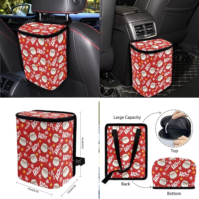 Santa Claus Stars Print Car Seat Covers Full Set Anti-Slip Car Trash Can Steering Wheel Cover Auto Air Vent Storage Bag Coasters Keychain Christmas Decor Fit for SUV Van Truck, Pack of 10