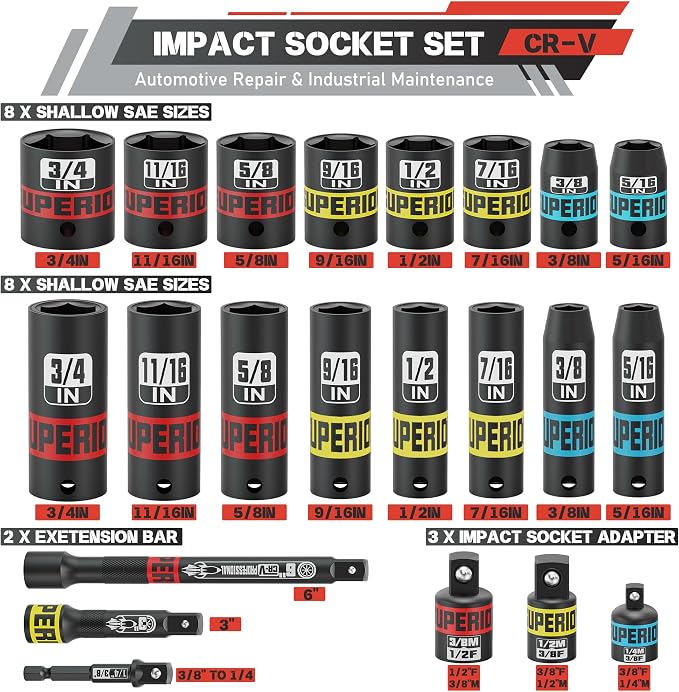 50 Piece 3/8" Drive Impact Socket Set, SAE (5/16"-3/4") and Metric (7 mm-19 mm), Deep & Shallow Sockets with Extension Bars, Adapters, Automotive Repair & Industrial Maintenance