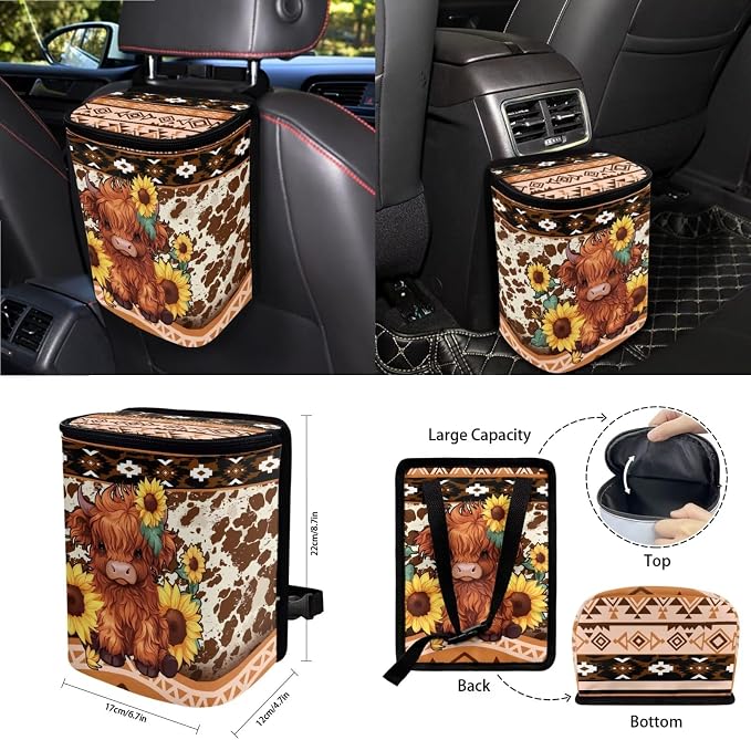 Aztec Tribal Geometric Highland Cow Sunflower Print Car Seat Covers Full Set, Steering Wheel Pad, Car Trash Can, Air Outlet Storage Bag, Seat Belt Pads, Car Coaster, Keychain, Set of 15