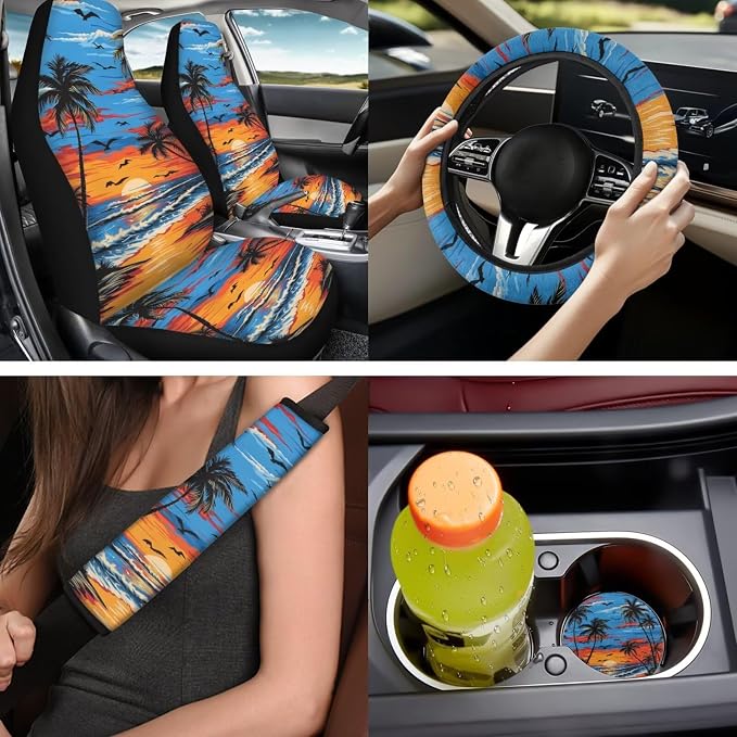 Bulopur Tropical Palm Tree Sunset Car Seat Covers Full Set with Matching Steering Wheel Cover Console Armrest Cover Car Accessories Seat Belt Covers Headrest Covers Car Interior Decor