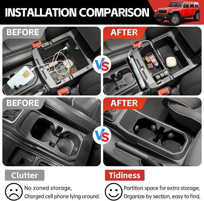 Center Console Organizer for 2018-2025 Jeep Wrangler JL JLU 4XE/Gladiator JT Hanging Center Console Armrest Box Cupholder Insert for Wrangler&Gladiator(Hanging+Armrest+Cupholder Organizer)