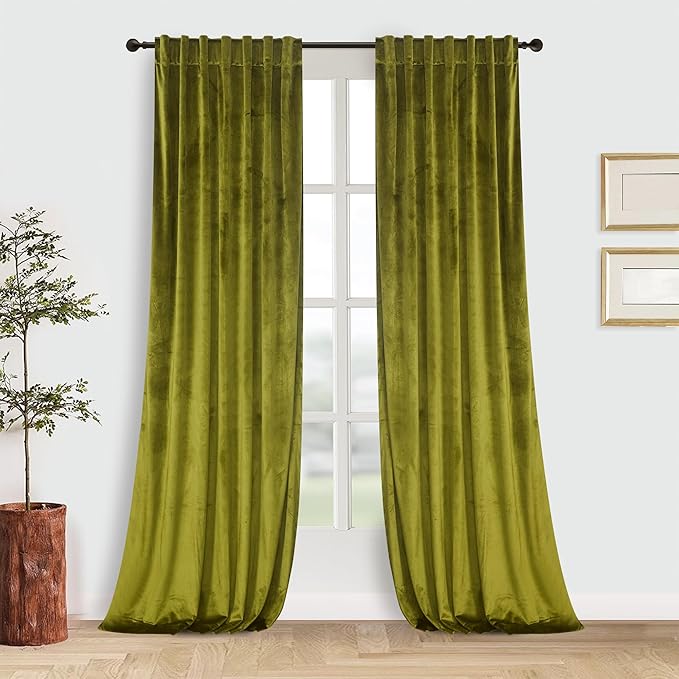 Roslynwood Luxury Soft Olive Velvet Curtains 96 inches Long Back Tab Thermal Insulated Blackout Window Drapes for Living Room/Bedroom/Dining Room, W52 x L96, 2 Panels