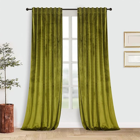 Roslynwood Luxury Soft Olive Velvet Curtains 72 inches Long Back Tab Thermal Insulated Blackout Window Drapes for Living Room/Bedroom/Dining Room, W52 x L72, 2 Panels