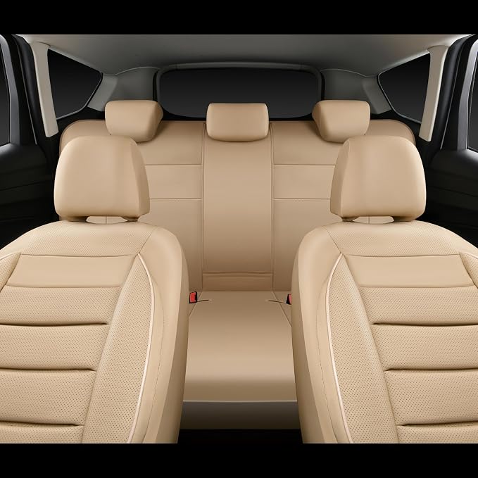 CAR PASS Leather Seat Covers Full Set Universal Water Resistant 3D Foam Back Support, Luxury Comfort Automotive 5 Seat Covers All Season Fit for SUV,Sedan,Van, Airbag Compatible Elegance (Beige)