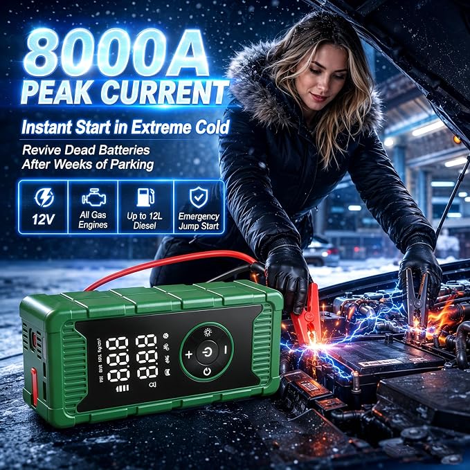 8000A Jump Starter with Air Compressor, Portable Tire Inflator and Battery Jumper, German-Tech Fast Charging Power Bank for Car Owner, Camping, Road Trips Emergency Preparedness Gift