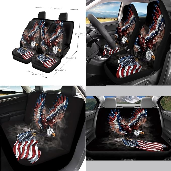 Eagle Print Car Seat Covers Full Set for Men American Flag Print Front and Rear Car Seat Covers with Gear Lever Cover Handbrake Cover Garbage Bag Safety Belt Pads Cup Cushions