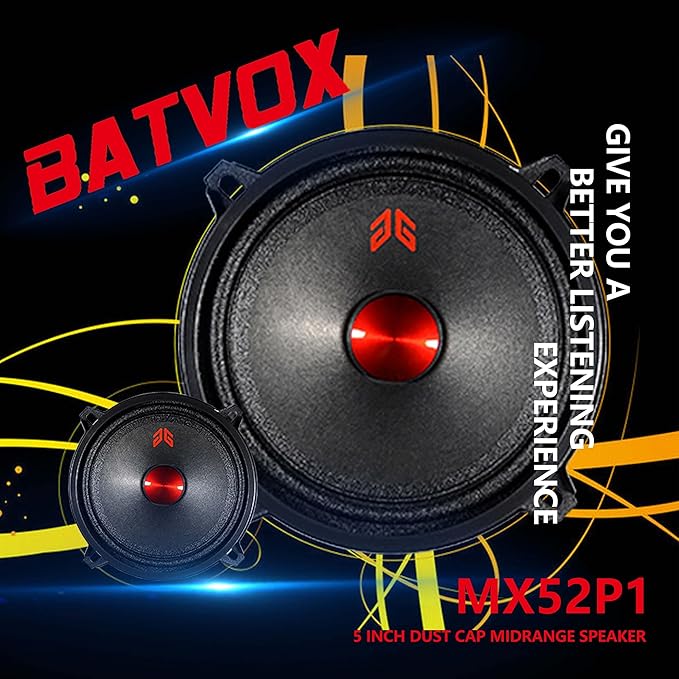 MX52P1 Loudspeaker 5 Inch Midrange 160 Watts 4 Ohms Red Dust Cap, Premium Quality Audio Door Speakers for Car or Truck Stereo Sound System, Black (2 Speakers)