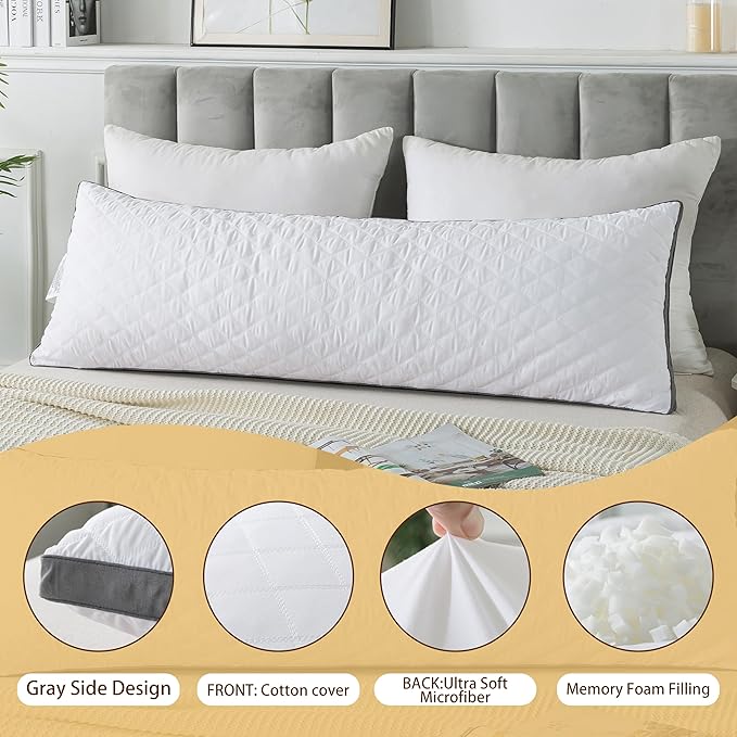 WhatsBedding Memory Foam Body Pillow with Removable Pillowcase -Fluffy Body Pillows for Adults -Large Long Bed Pillows for Sleeping - White