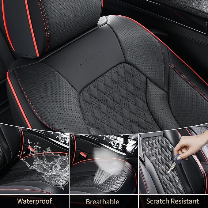 FLORICH Seat Covers, Car Seat Covers Full Set, Luxury Nappa Leather Seat Covers, Breathable and Waterproof Car Seat Protector 5 Seat, Automotive Seat Covers Universal Fit for Most Cars-Black&Beige