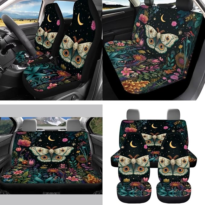Moon Moth 15 PCS Car Seat Cover Full Set with Steering Wheel Cover Seat Belt Strap Pads Cup Coasters Trash Bag Rearview Mirror Cover Keychain Auto Interior Decor