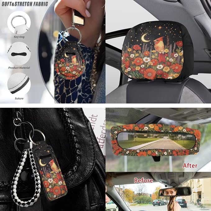 Cardinal Floral Moon Print Car Seat Cover Full Set with Auto Steering Wheel Cover Seat Belt Protector Armrest Pad Auto Rear View Mirror Protector Set of 15, Car Accessories Set, Orange